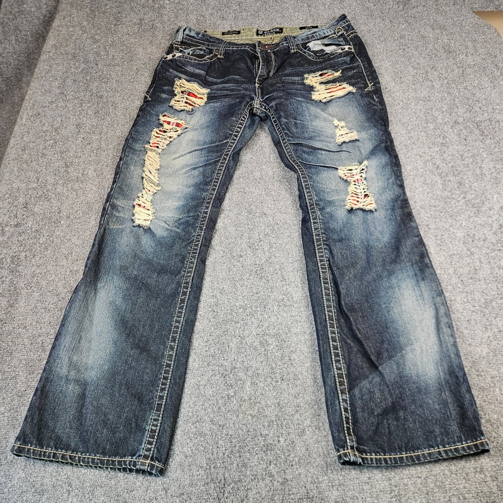 BLACK Premium Jeans Men's 38x32 Low Rise Bootcut Distressed Plaid Y2K Denim